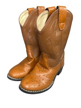 Old West Kids Cowboy Boots Size 13 Ostrich Textured Leather Brown Western Boots